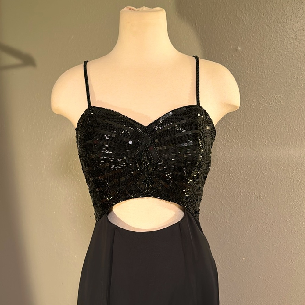 Vintage Peak Evenings tassle-beaded black formal gown